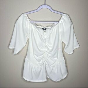 Boohoo Ruched Off The‎ Shoulder Crepe Blouse Plus